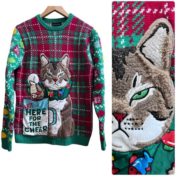 Blizzard Bay Men’s Not Here For The Cheer Cat Ugly Sweater Christmas Size Medium - Picture 1 of 12